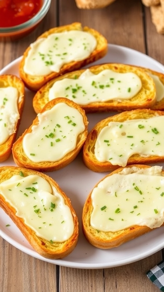 Crispy Air Fryer Garlic Bread Recipe Crispy garlic bread slices topped with melted cheese on a plate, served with marinara sauce.